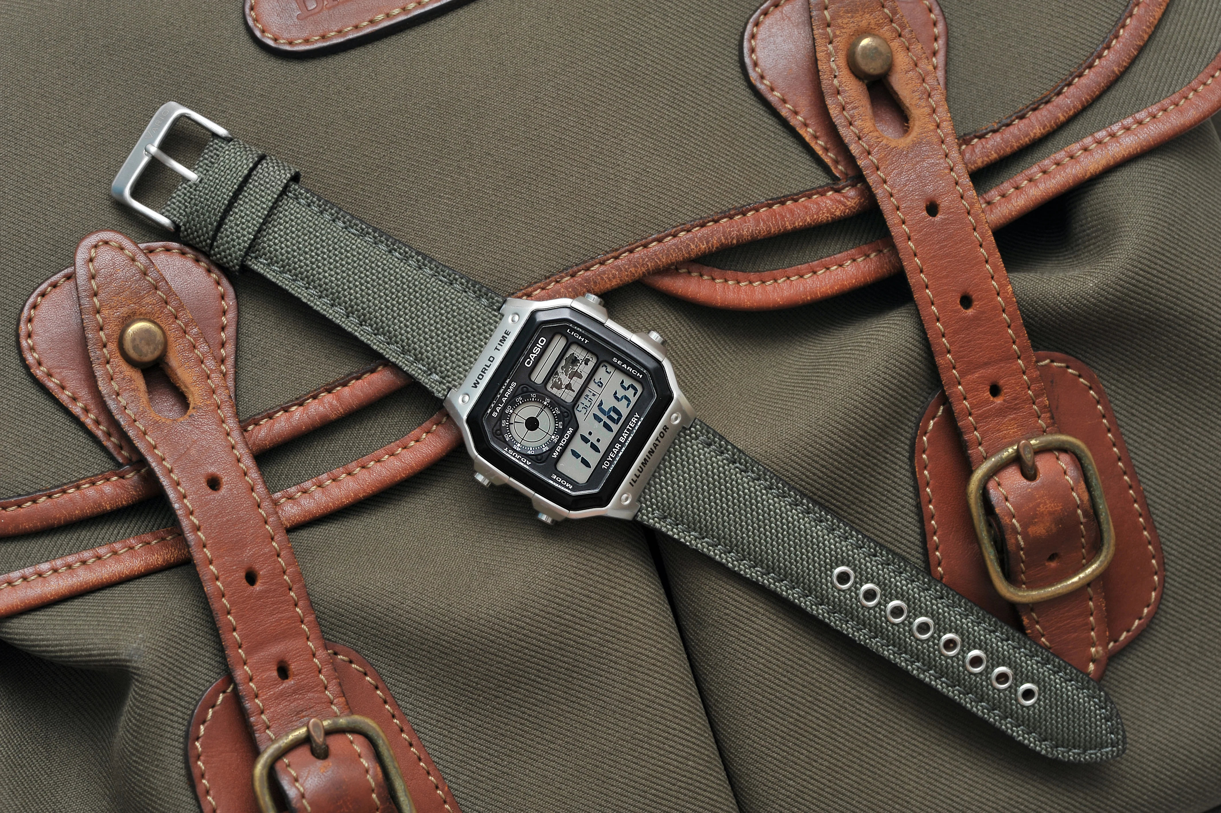 Cordura® Army Green Watch Strap for Casio® AE1200WH World Time Watch - Image 3