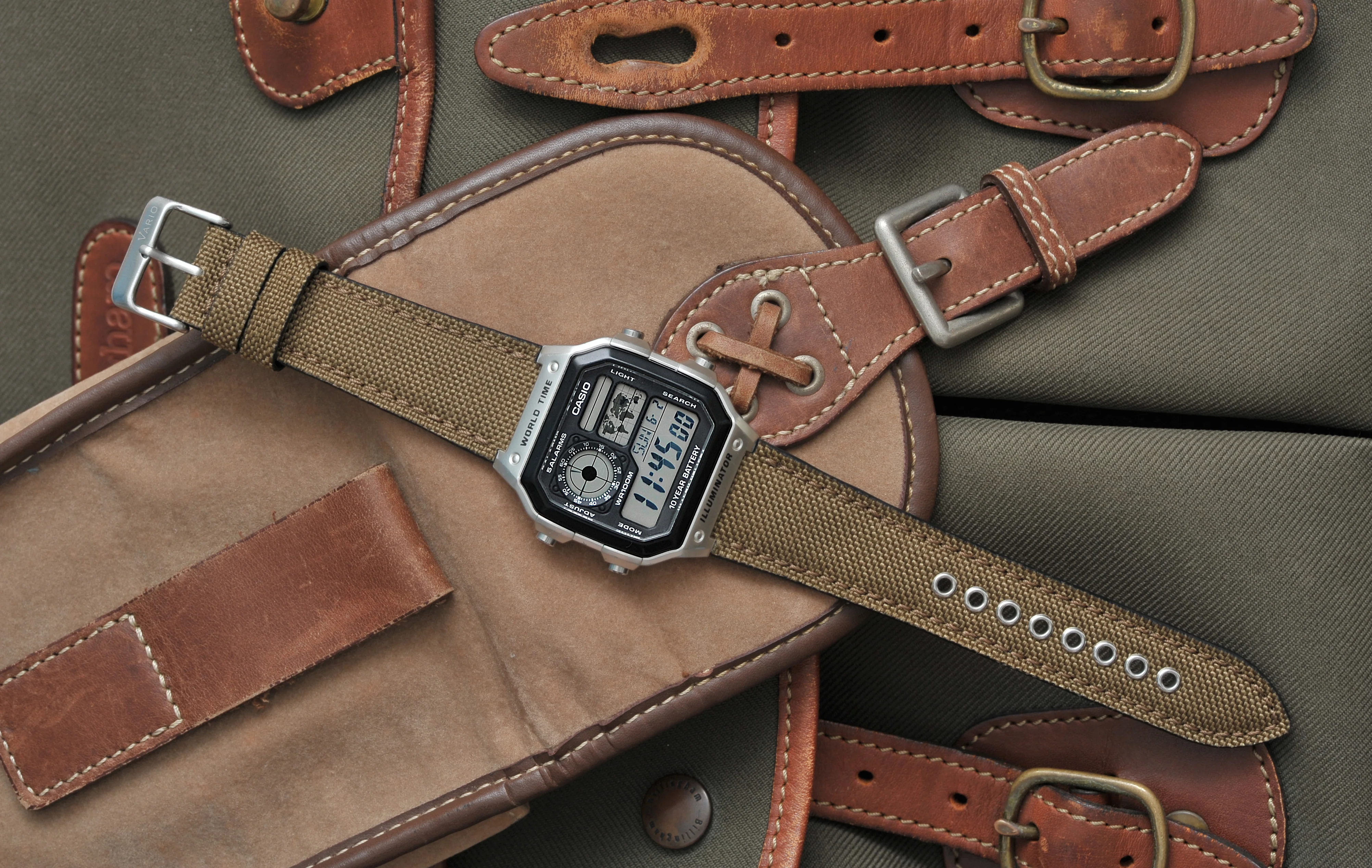 Cordura® Khaki Brown Watch Strap for Casio® AE1200WH World Time Watch - Image 3