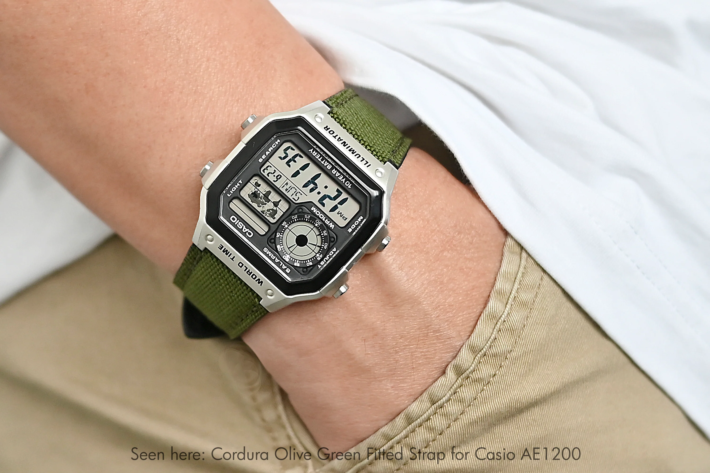 Cordura® Khaki Brown Watch Strap for Casio® AE1200WH World Time Watch - Image 5