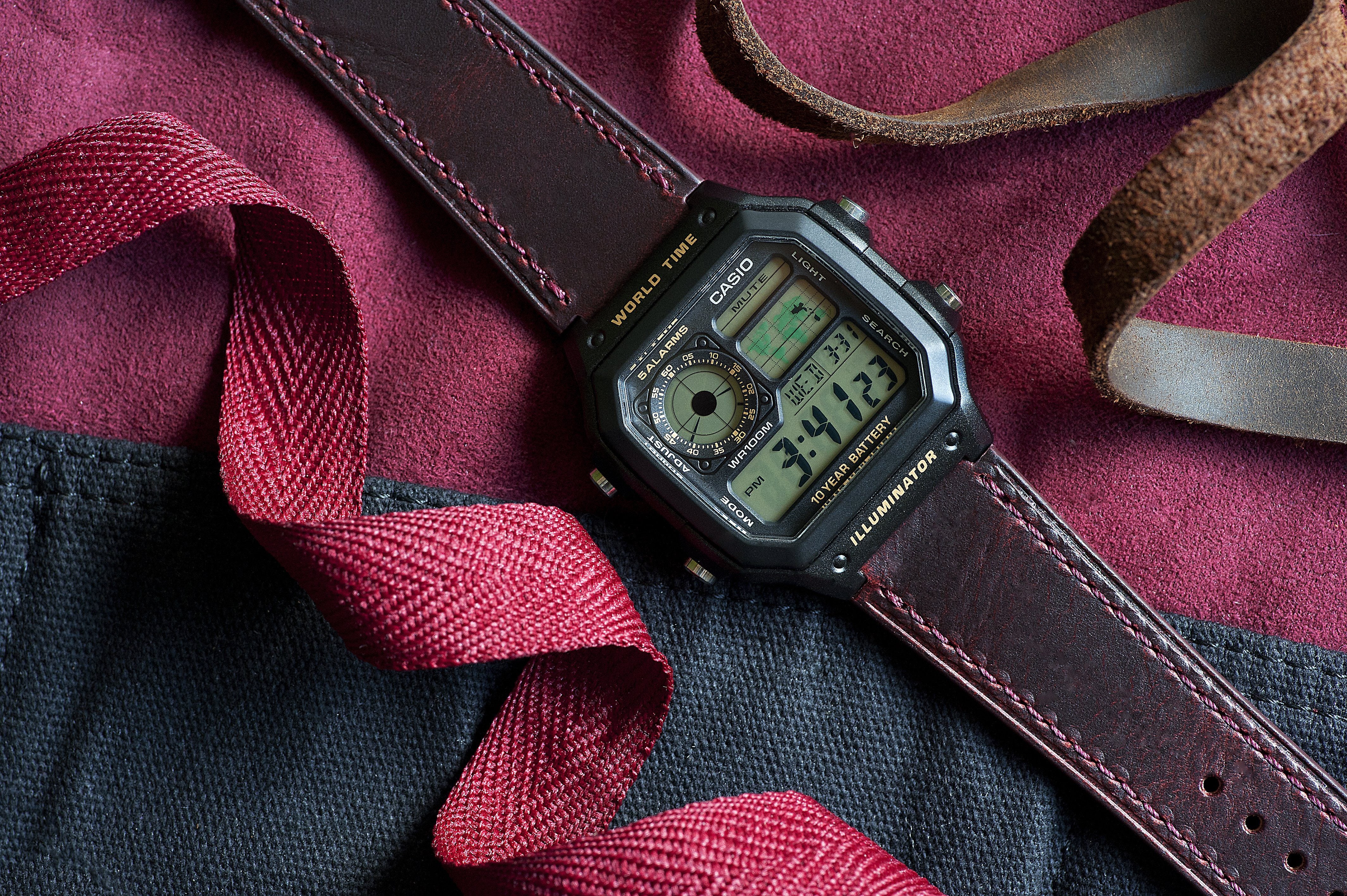 Oiled Leather Merlot Red Watch Strap for Casio® AE1200WH World Time Watch - Image 5
