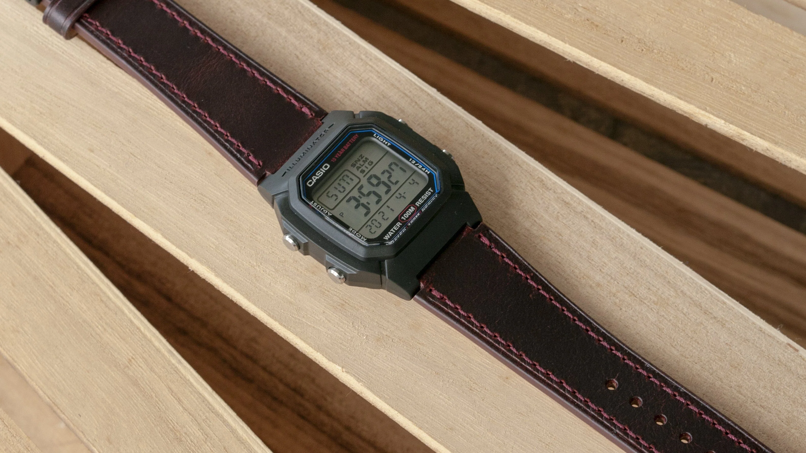 Oiled Leather Merlot Red Watch Strap for Casio® AE1200WH World Time Watch - Image 6