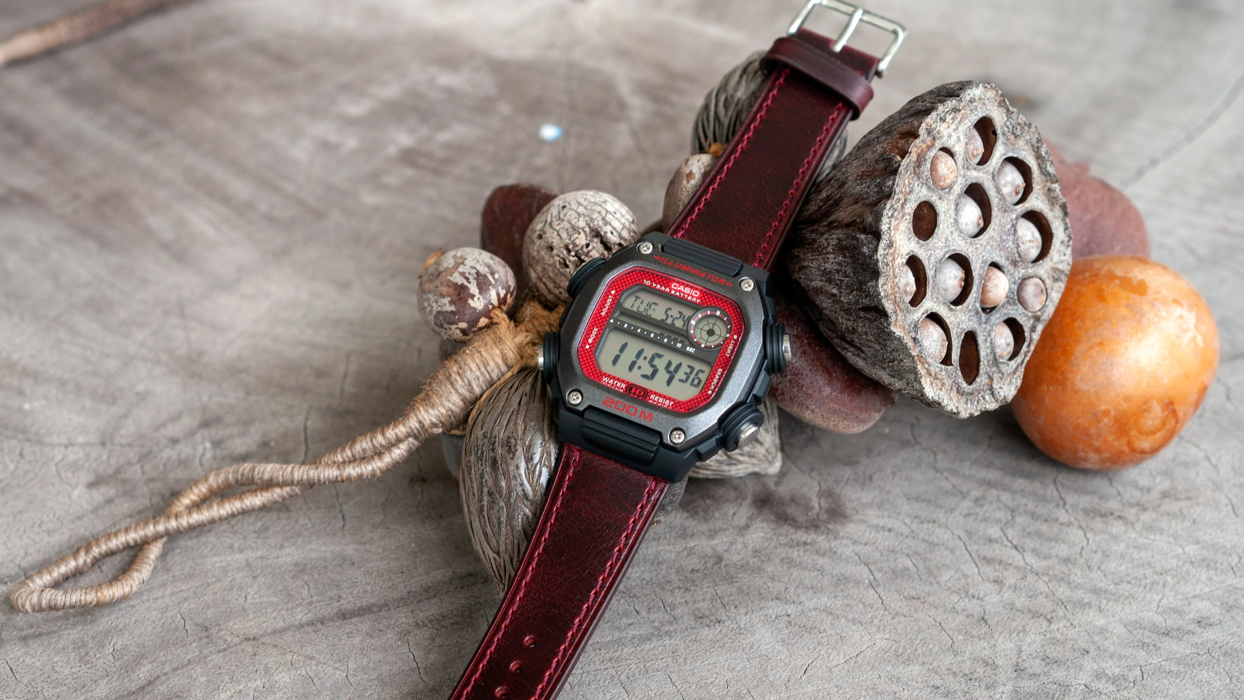 Oiled Leather Merlot Red Watch Strap for Casio® AE1200WH World Time Watch - Image 7
