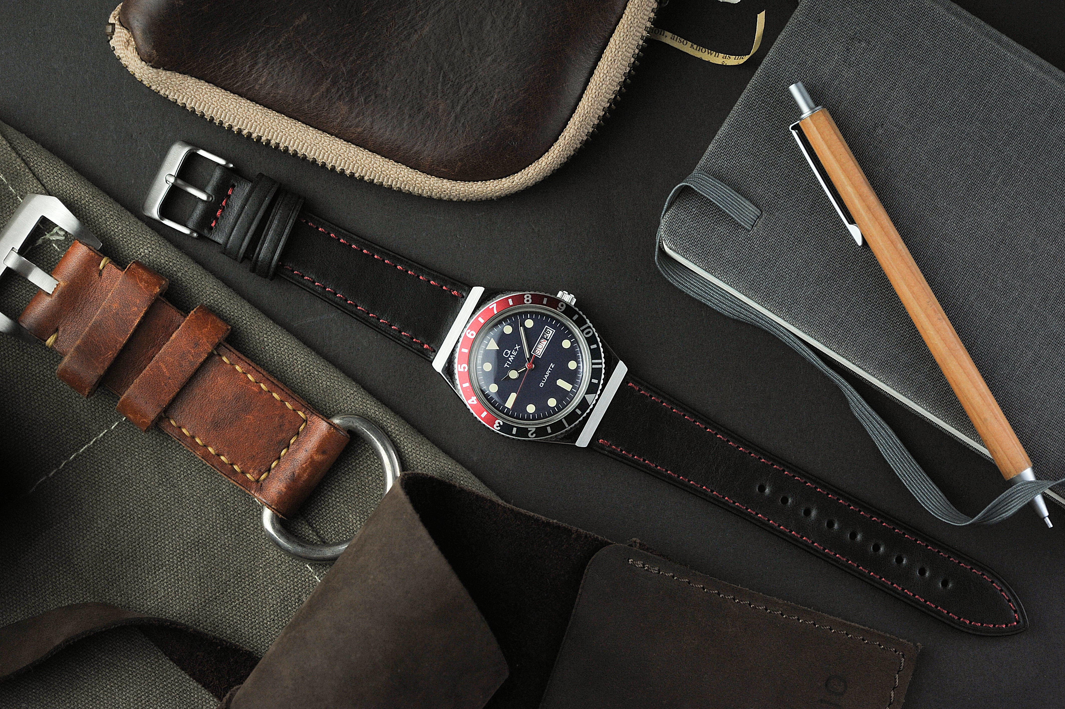 Top Grain Coal Black Leather Watch Strap with Red Stitching for Casio® F91W & Timex® Q Watch - Image 2