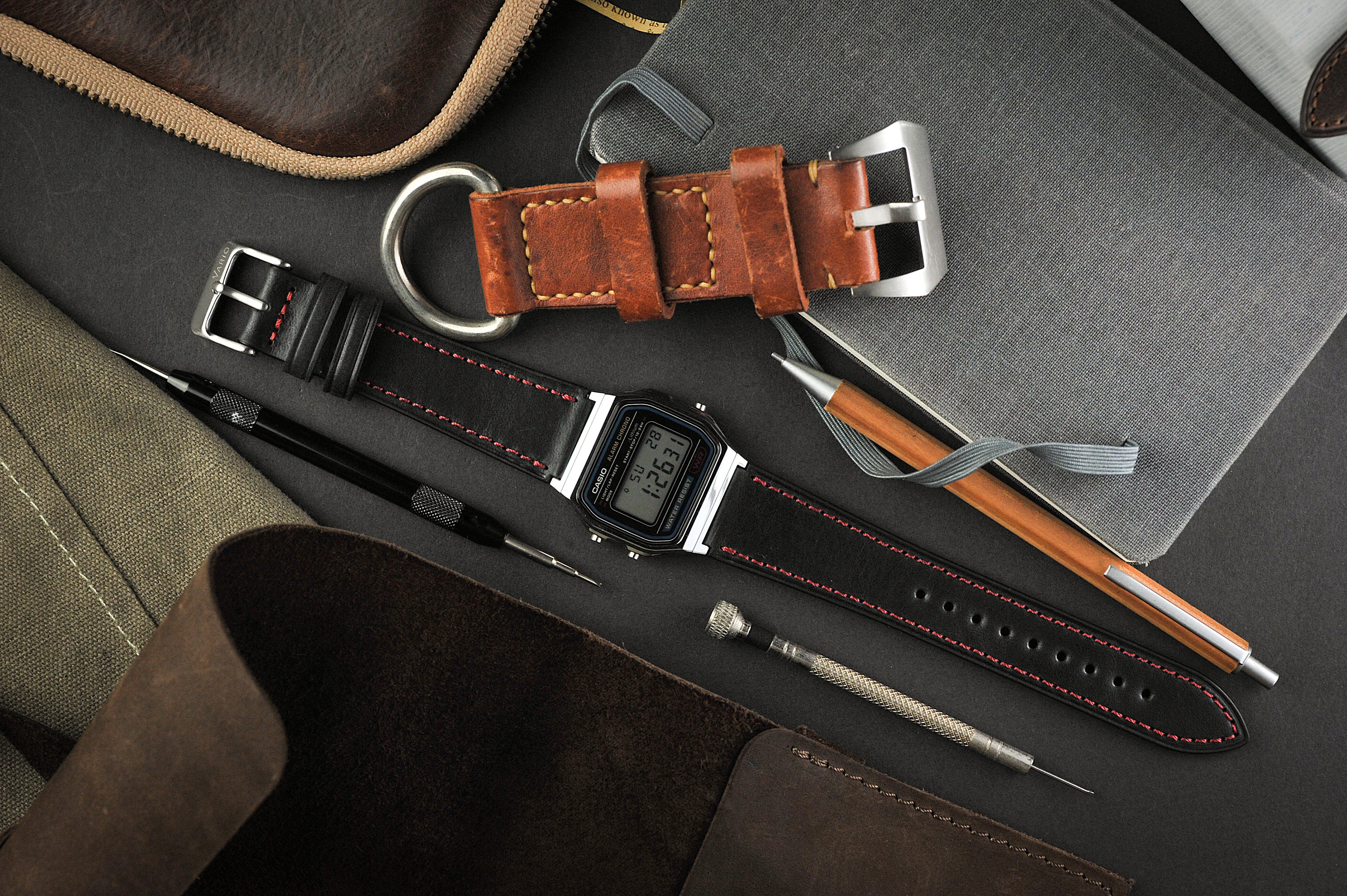 Top Grain Coal Black Leather Watch Strap with Red Stitching for Casio® F91W & Timex® Q Watch - Image 3