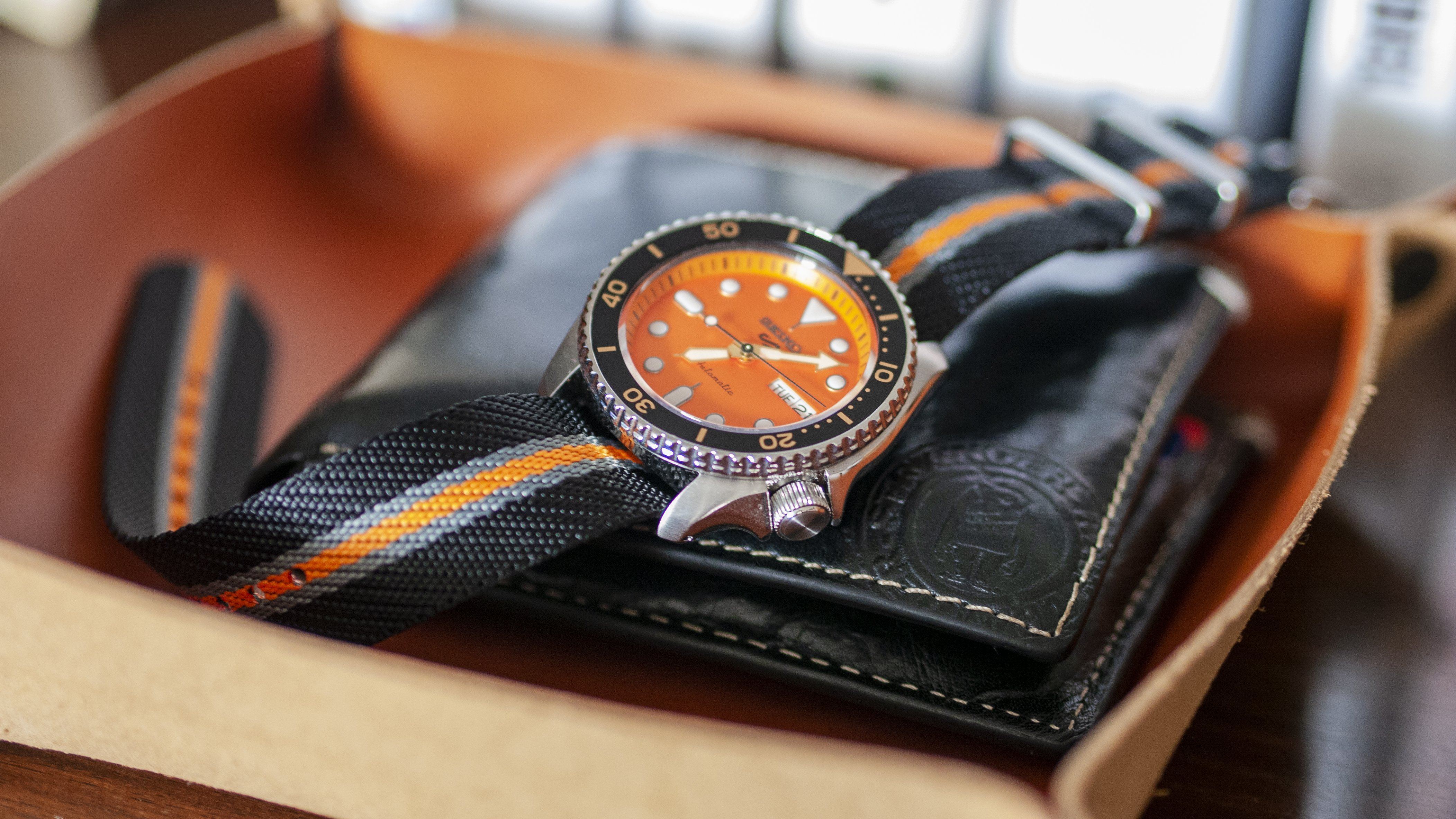 Twill Black, Grey, Orange Stripe Watch Strap - Image 4