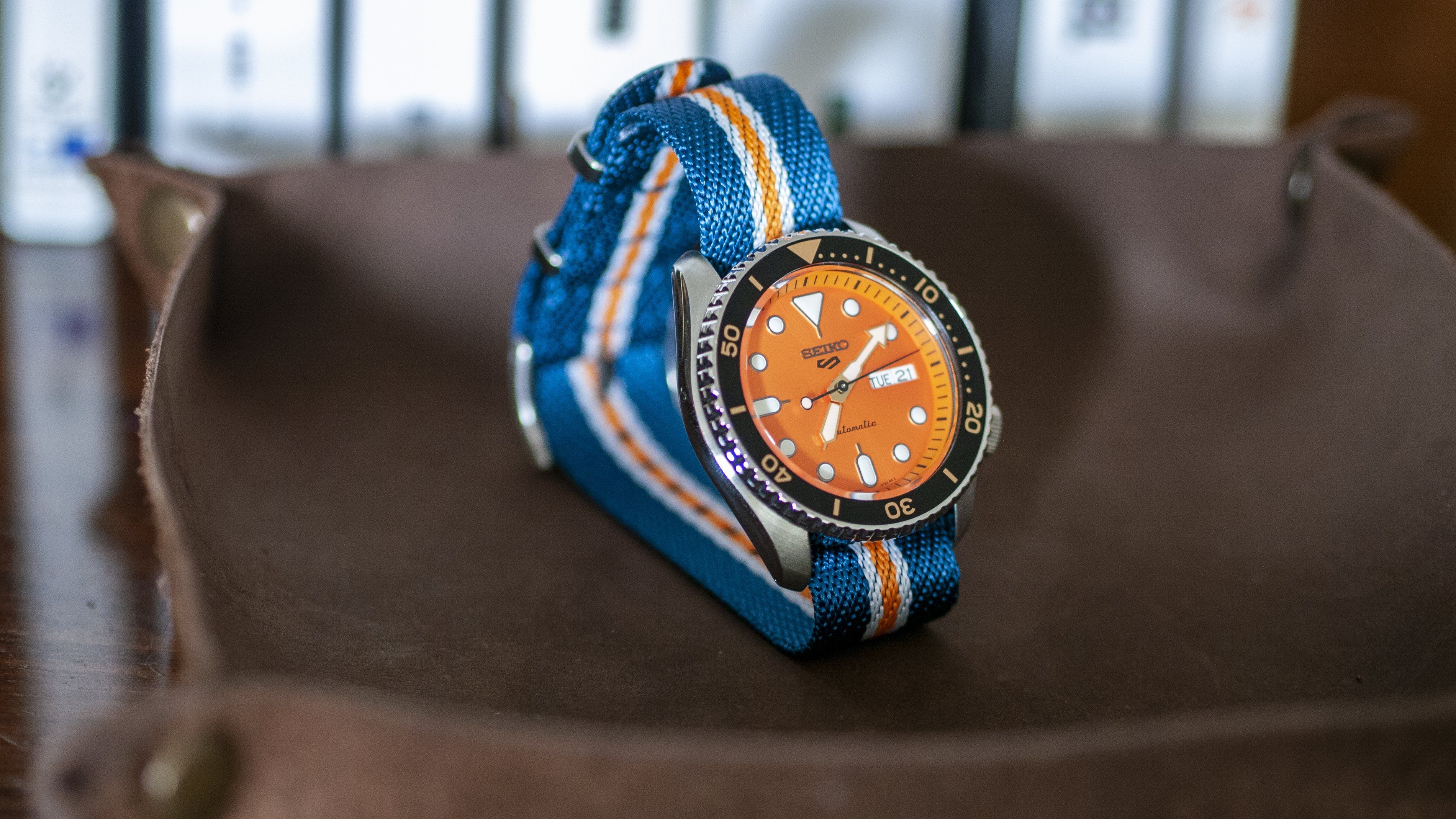 Twill Blue, White, Orange Stripe Watch Strap - Image 3