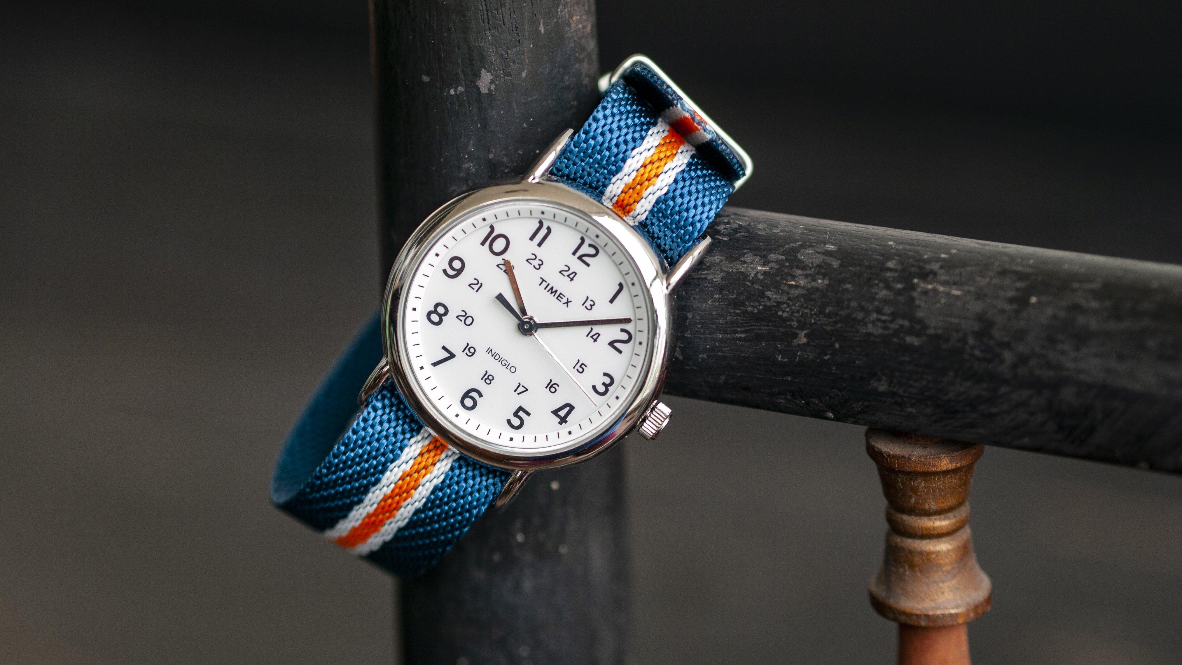Twill Blue, White, Orange Stripe Watch Strap - Image 4